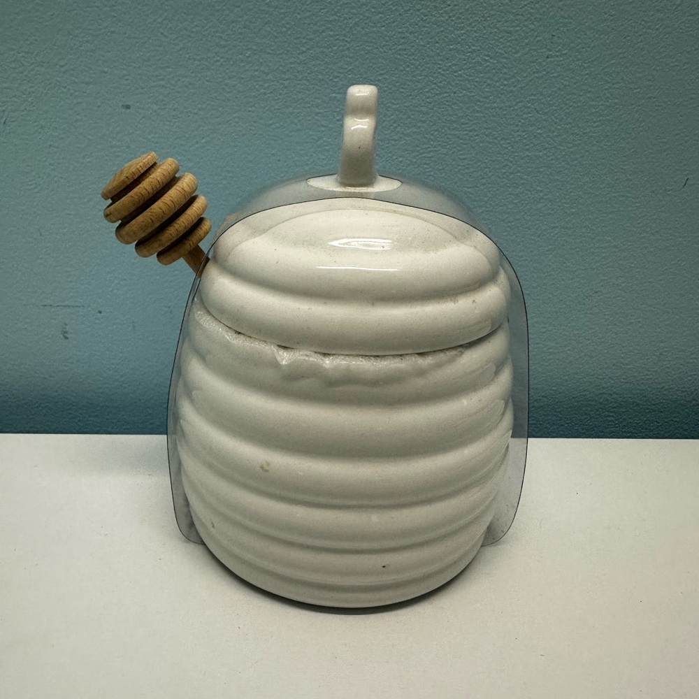 White Honey Pot Ceramic Jar & Wood Dipper Drizzler Hartland Hive Beehive 5.75"